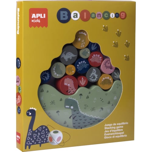 [18567] Apli Juego de Equilibrio Dinosaurios - 16 Piezas de Madera de Alta Calidad - Base Balanceante - Dado con Colores - 3 Tamaños de Dinosaurios - Color Natural