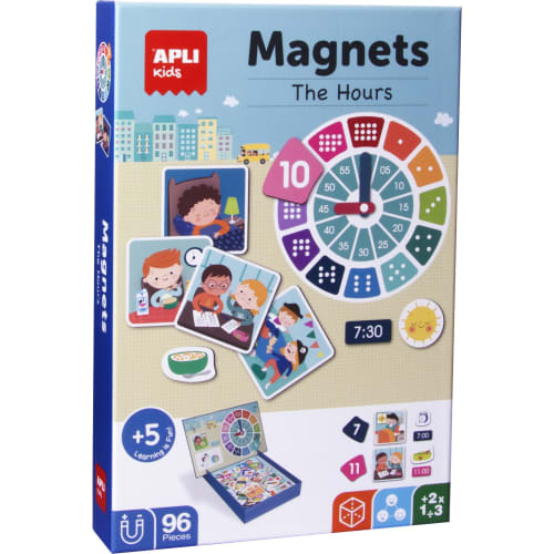 [18573] Apli Juego Magnetico Aprende las Horas - Ayuda a los Niños a Aprender las Horas - 96 Fichas Magneticas con las Partes del Reloj - Recomendado para Niños a partir de 5 Años