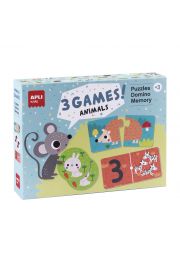 [18798] Apli Set de 3 Juegos Animales: 1 Puzzle de 24 Piezas, 1 Domino de 36 Piezas y 1 Memory de 24 Piezas - Recomendado para Niños a partir de 3 Años