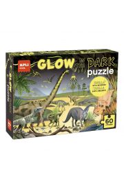 [19435] Apli Glow in the Dark Puzzle Fluorescente de 60 Piezas 6x6cm - Tematica Dinosaurios - Efecto Fluorescente que Revela Diseños Ocultos - Poster para Facilitar Montaje - Recomendado para Niños a partir de 4 Años