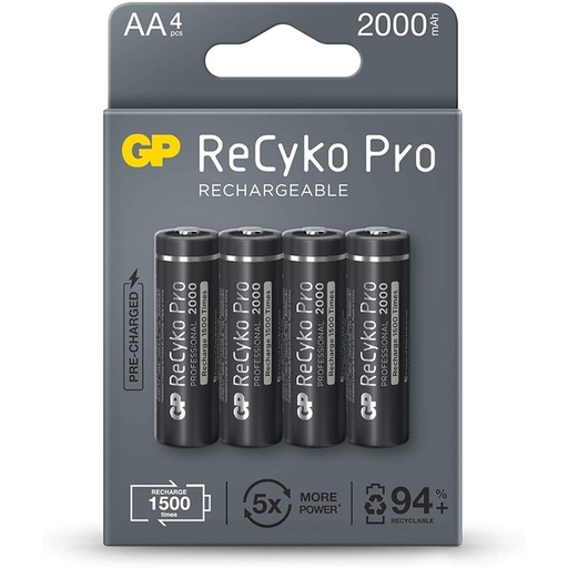 [210AAHCBEPRO-CB4 GP] GP ReCyko Pro Pack de 4 Pilas Recargables 2100mAh AA 1.2V - Precargadas - Ciclo de Vida: Hasta 1.500 Veces